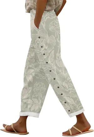Women's Summer Casual Linen Pants Trousers Side Cropped Pants Loose Casual Printed Petite Summer Beachwear