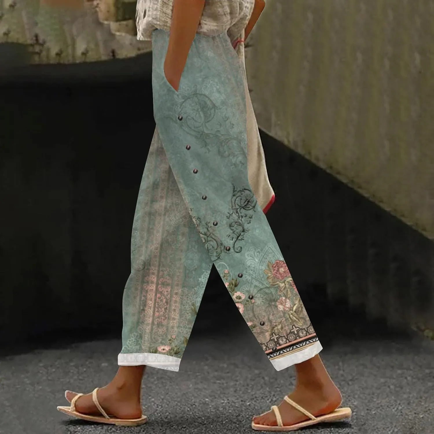 Women's Summer Casual Linen Pants Trousers Side Cropped Pants Loose Casual Printed Petite Summer Beachwear