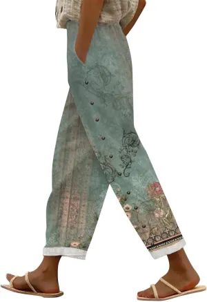 Women's Summer Casual Linen Pants Trousers Side Cropped Pants Loose Casual Printed Petite Summer Beachwear
