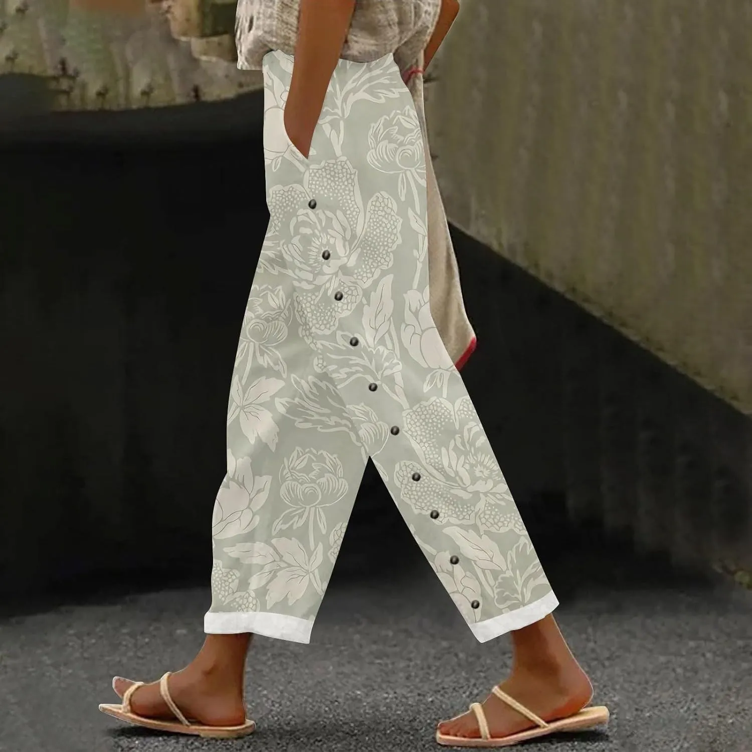 Women's Summer Casual Linen Pants Trousers Side Cropped Pants Loose Casual Printed Petite Summer Beachwear