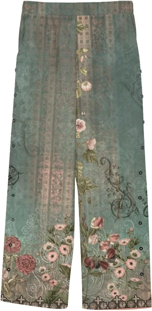 Women's Summer Casual Linen Pants Trousers Side Cropped Pants Loose Casual Printed Petite Summer Beachwear
