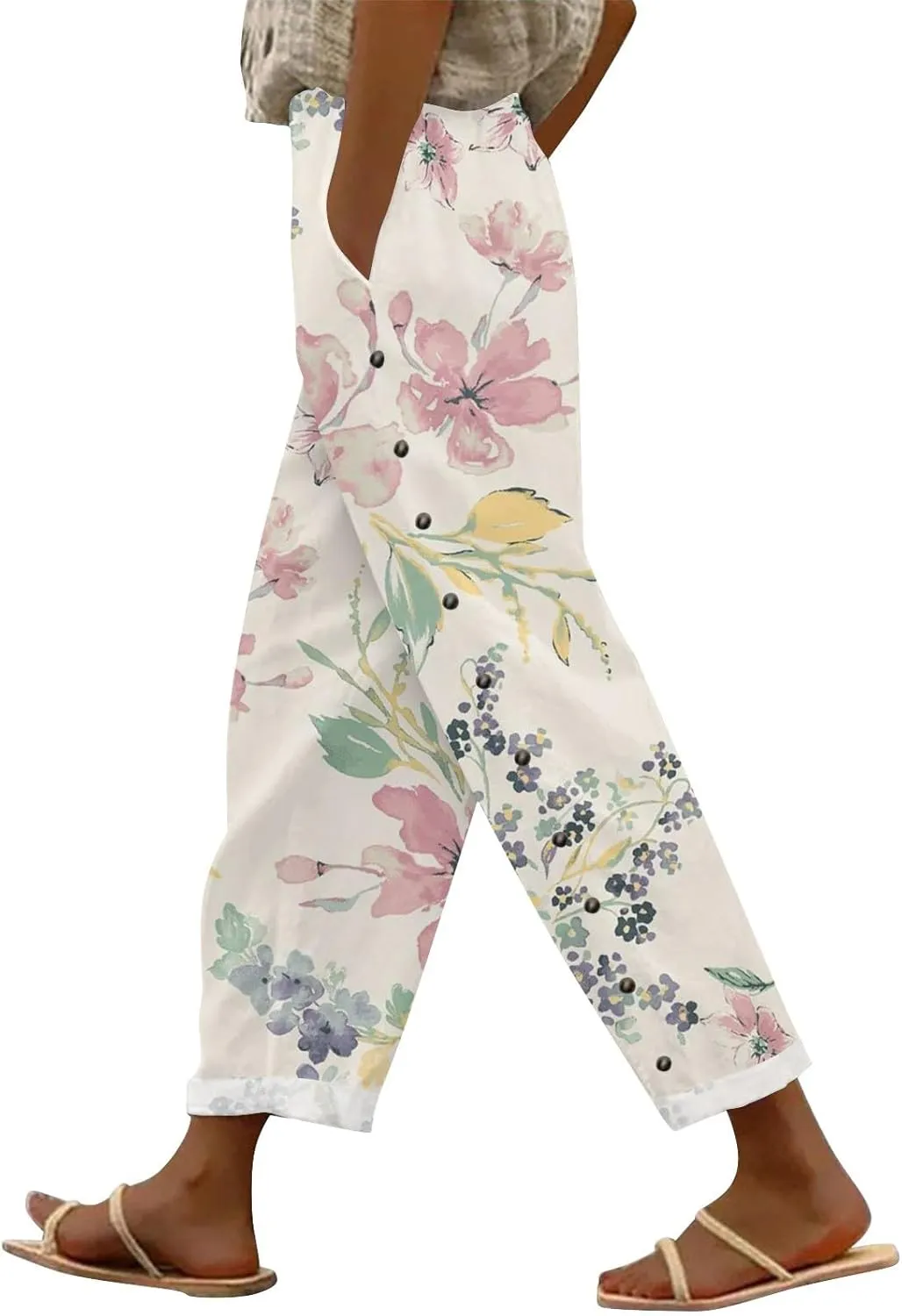 Women's Summer Casual Linen Pants Trousers Side Cropped Pants Loose Casual Printed Petite Summer Beachwear