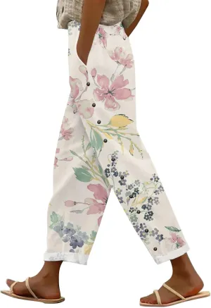 Women's Summer Casual Linen Pants Trousers Side Cropped Pants Loose Casual Printed Petite Summer Beachwear