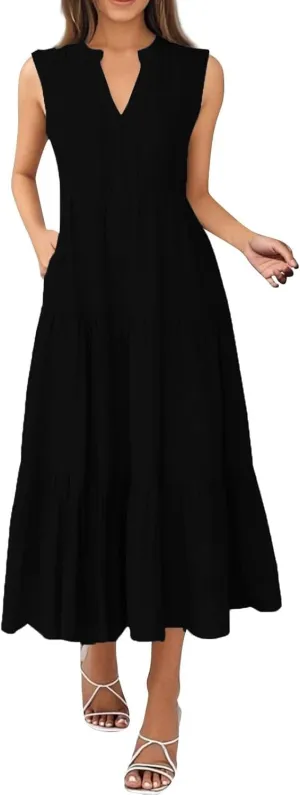 Womens Summer Dresses Fashion Boho Sleeveless V-Neck Maxi Dresses Flowy Pleated Beach Vacation Tank Sundress
