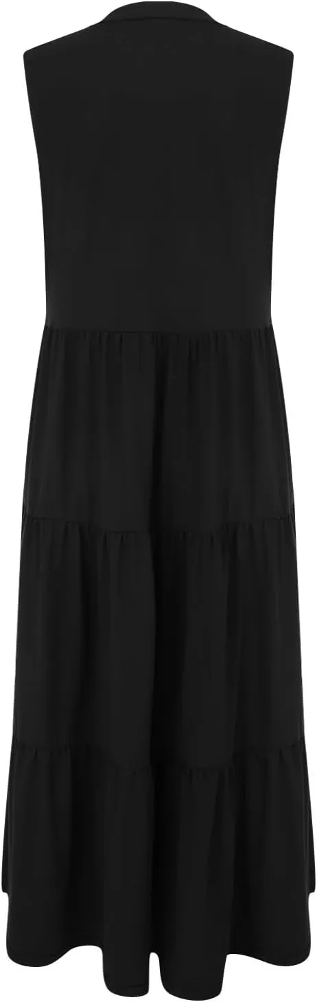 Womens Summer Dresses Fashion Boho Sleeveless V-Neck Maxi Dresses Flowy Pleated Beach Vacation Tank Sundress