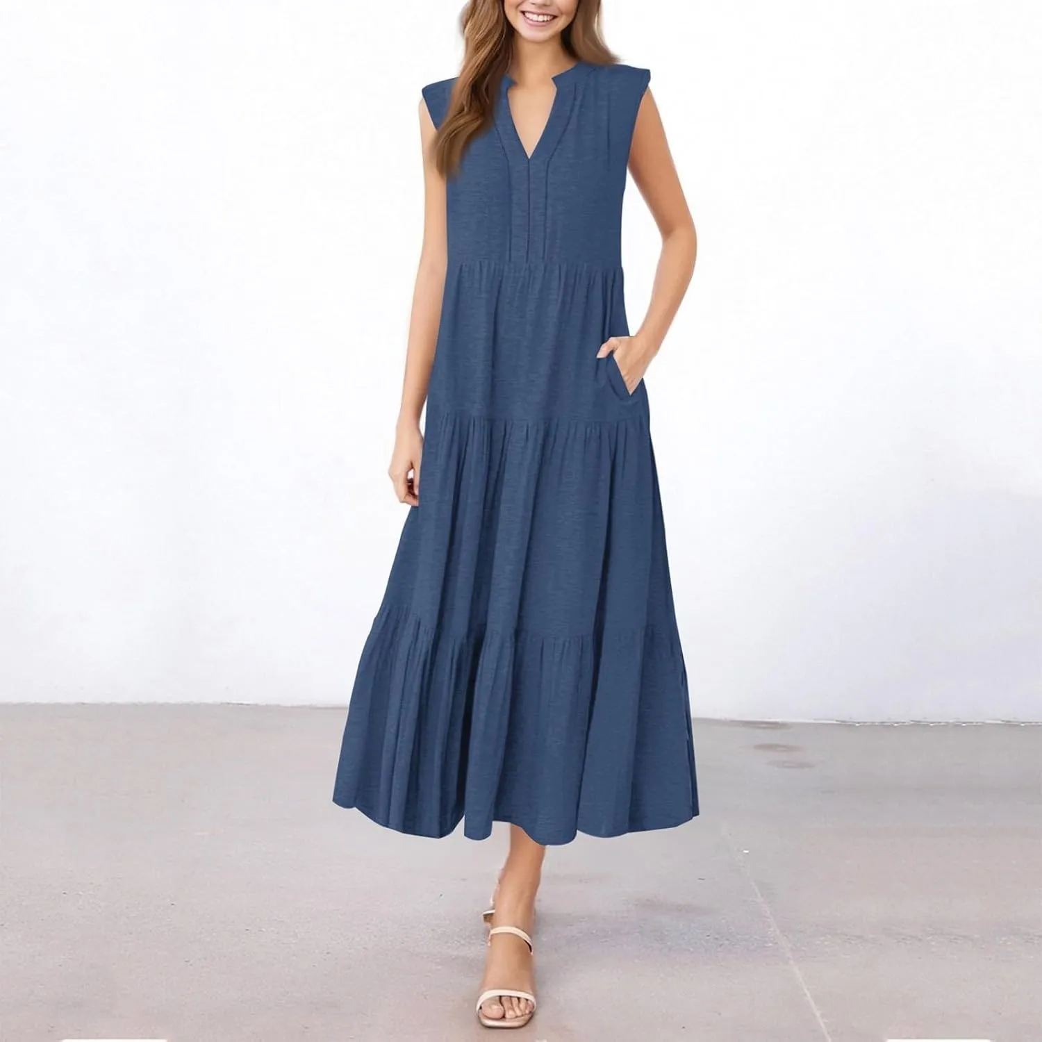 Womens Summer Dresses Fashion Boho Sleeveless V-Neck Maxi Dresses Flowy Pleated Beach Vacation Tank Sundress