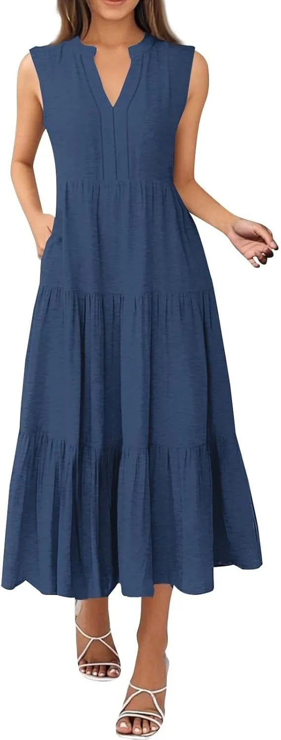 Womens Summer Dresses Fashion Boho Sleeveless V-Neck Maxi Dresses Flowy Pleated Beach Vacation Tank Sundress