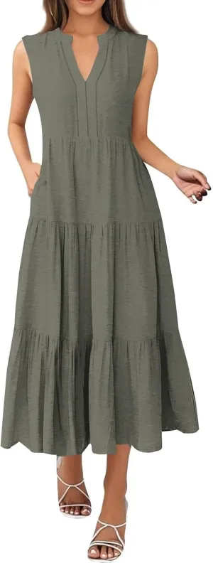 Womens Summer Dresses Fashion Boho Sleeveless V-Neck Maxi Dresses Flowy Pleated Beach Vacation Tank Sundress