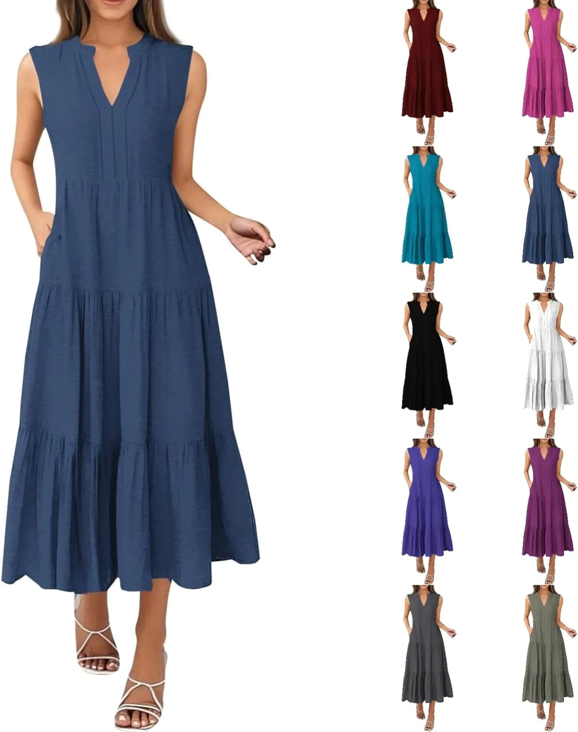 Womens Summer Dresses Fashion Boho Sleeveless V-Neck Maxi Dresses Flowy Pleated Beach Vacation Tank Sundress
