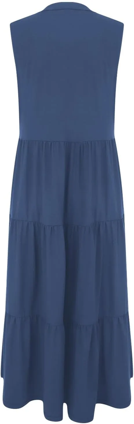 Womens Summer Dresses Fashion Boho Sleeveless V-Neck Maxi Dresses Flowy Pleated Beach Vacation Tank Sundress