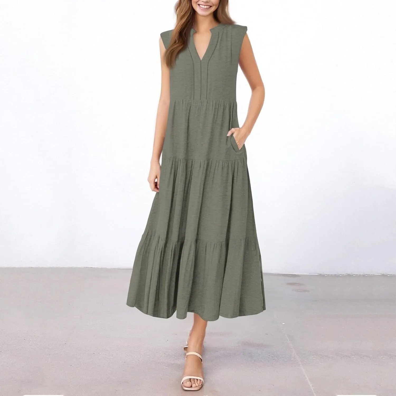 Womens Summer Dresses Fashion Boho Sleeveless V-Neck Maxi Dresses Flowy Pleated Beach Vacation Tank Sundress