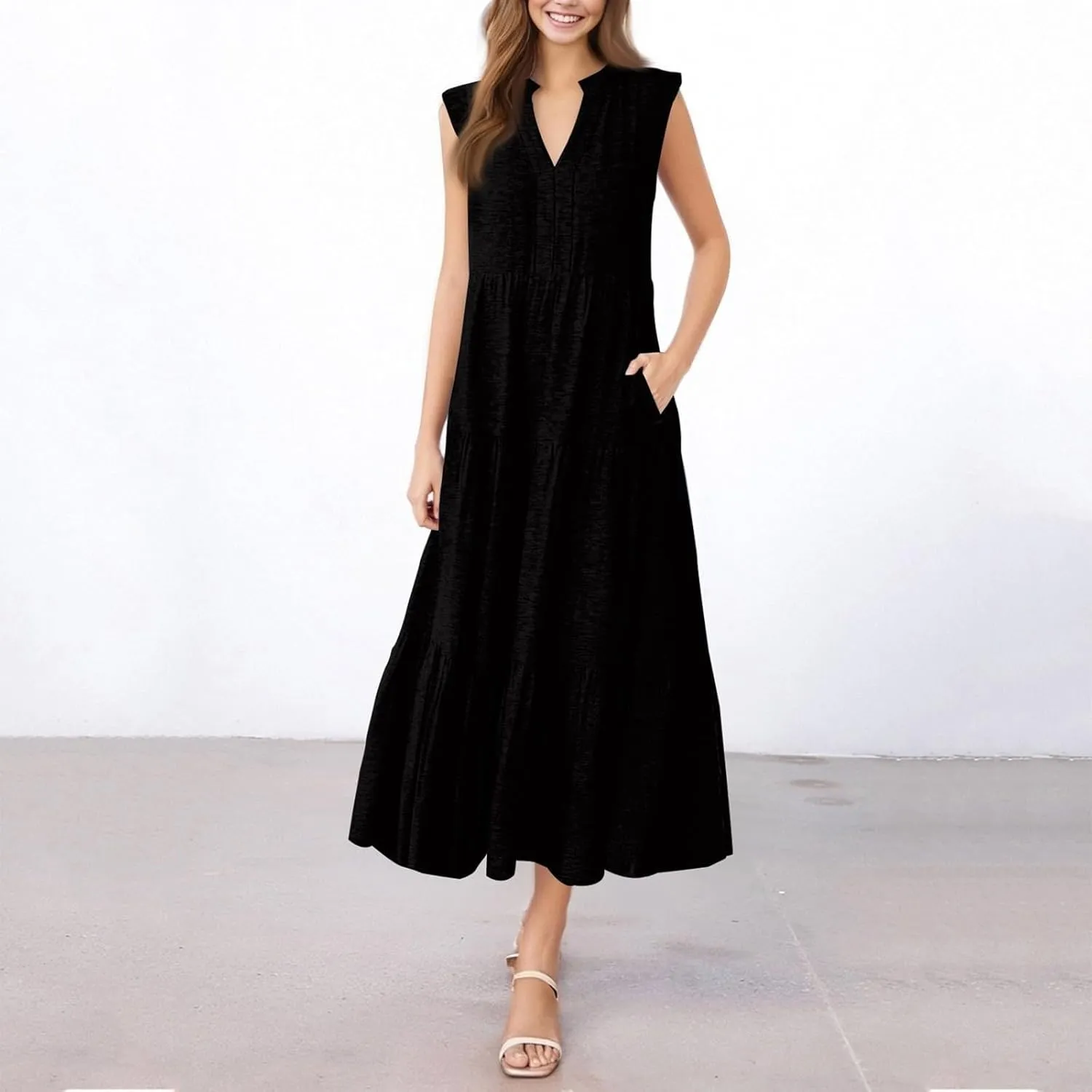 Womens Summer Dresses Fashion Boho Sleeveless V-Neck Maxi Dresses Flowy Pleated Beach Vacation Tank Sundress