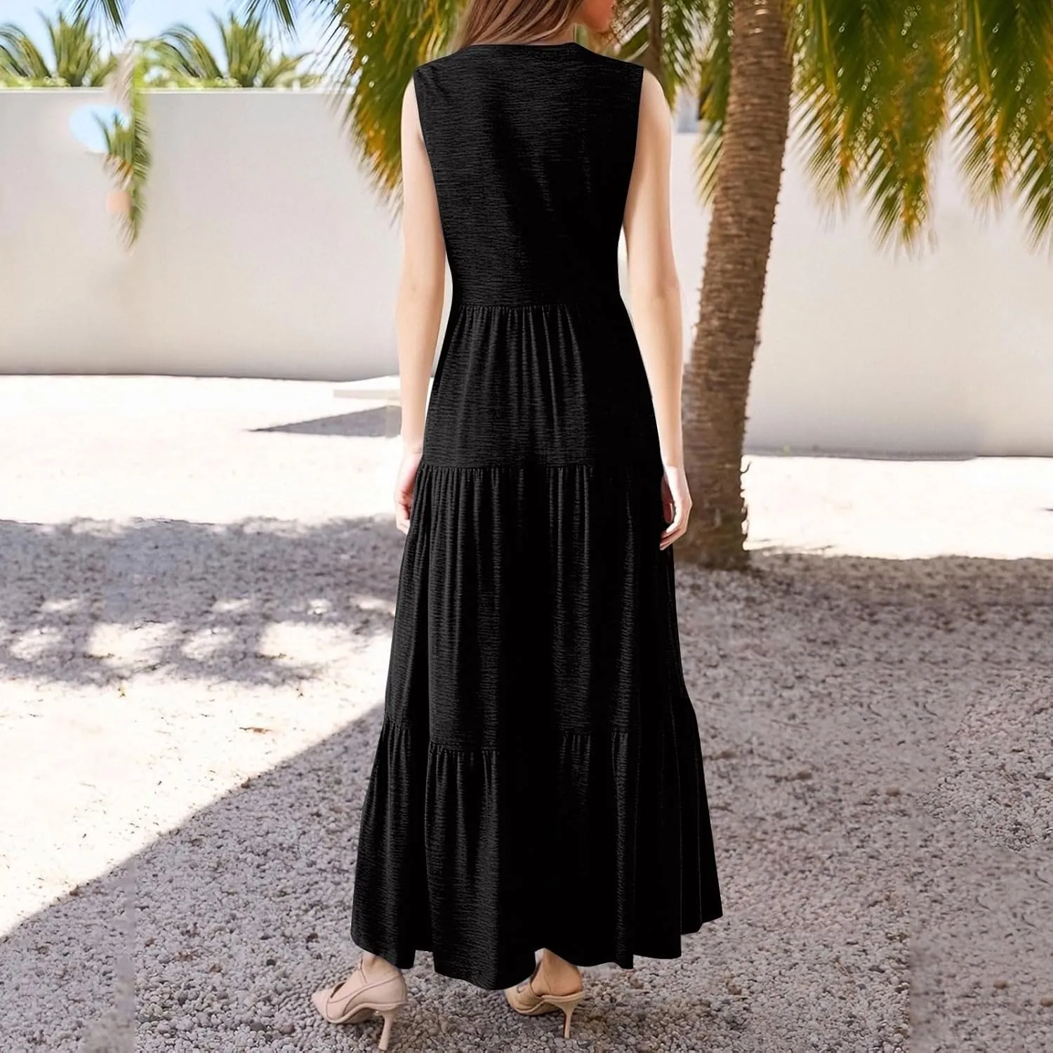 Womens Summer Dresses Fashion Boho Sleeveless V-Neck Maxi Dresses Flowy Pleated Beach Vacation Tank Sundress