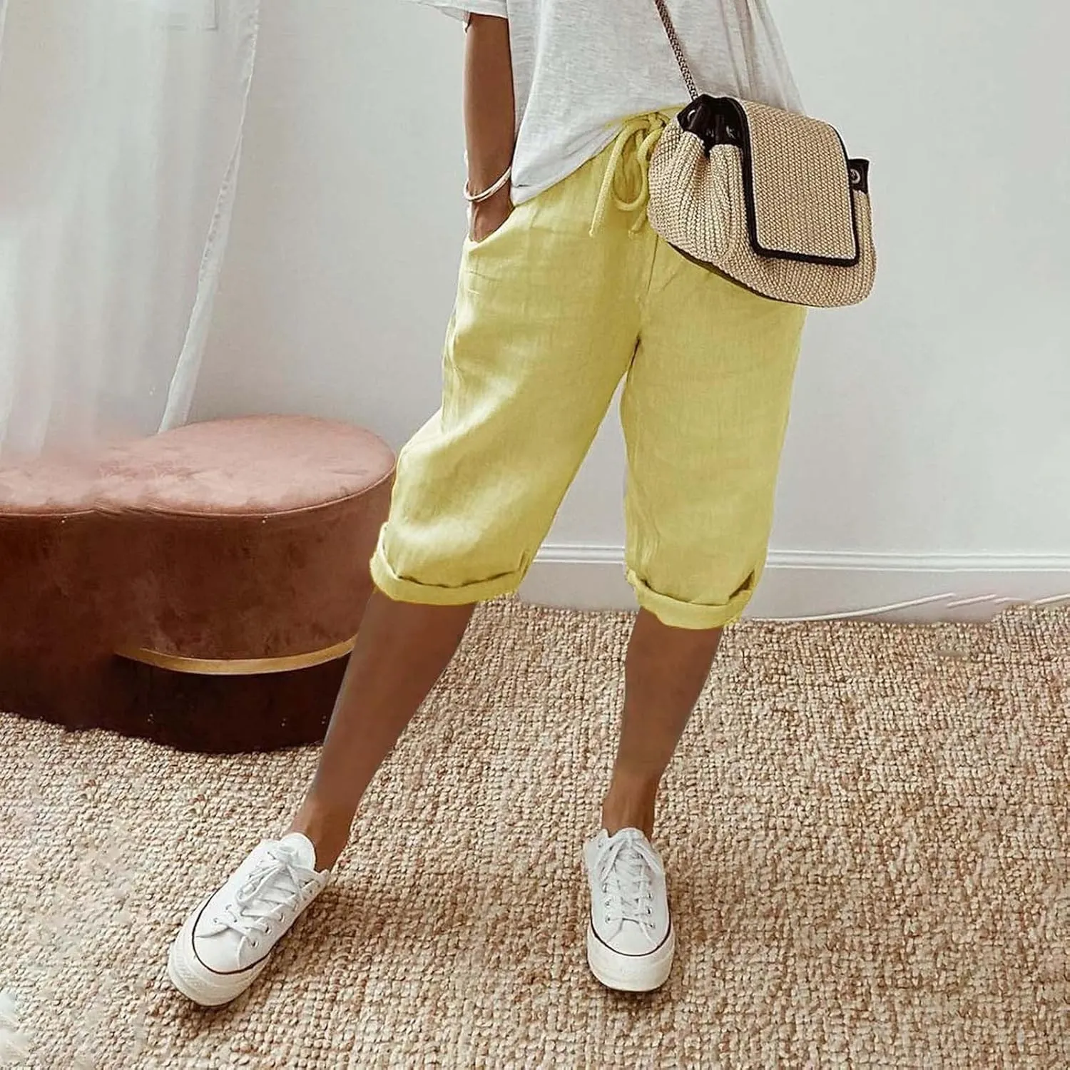 Womens Summer Mix Cotton Linen Palazzo Pants Drawstring Casual Solid Color Shorts Casual Beach Long Pants