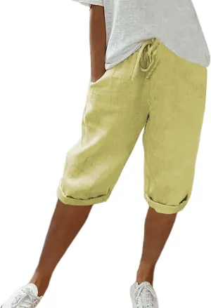 Womens Summer Mix Cotton Linen Palazzo Pants Drawstring Casual Solid Color Shorts Casual Beach Long Pants