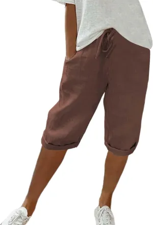 Womens Summer Mix Cotton Linen Palazzo Pants Drawstring Casual Solid Color Shorts Casual Beach Long Pants