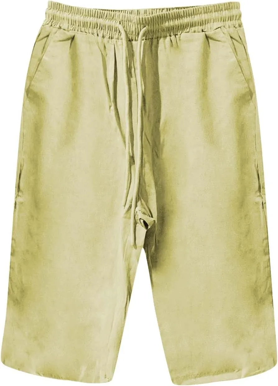 Womens Summer Mix Cotton Linen Palazzo Pants Drawstring Casual Solid Color Shorts Casual Beach Long Pants