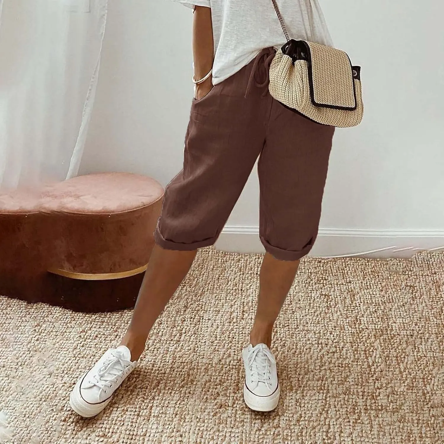 Womens Summer Mix Cotton Linen Palazzo Pants Drawstring Casual Solid Color Shorts Casual Beach Long Pants