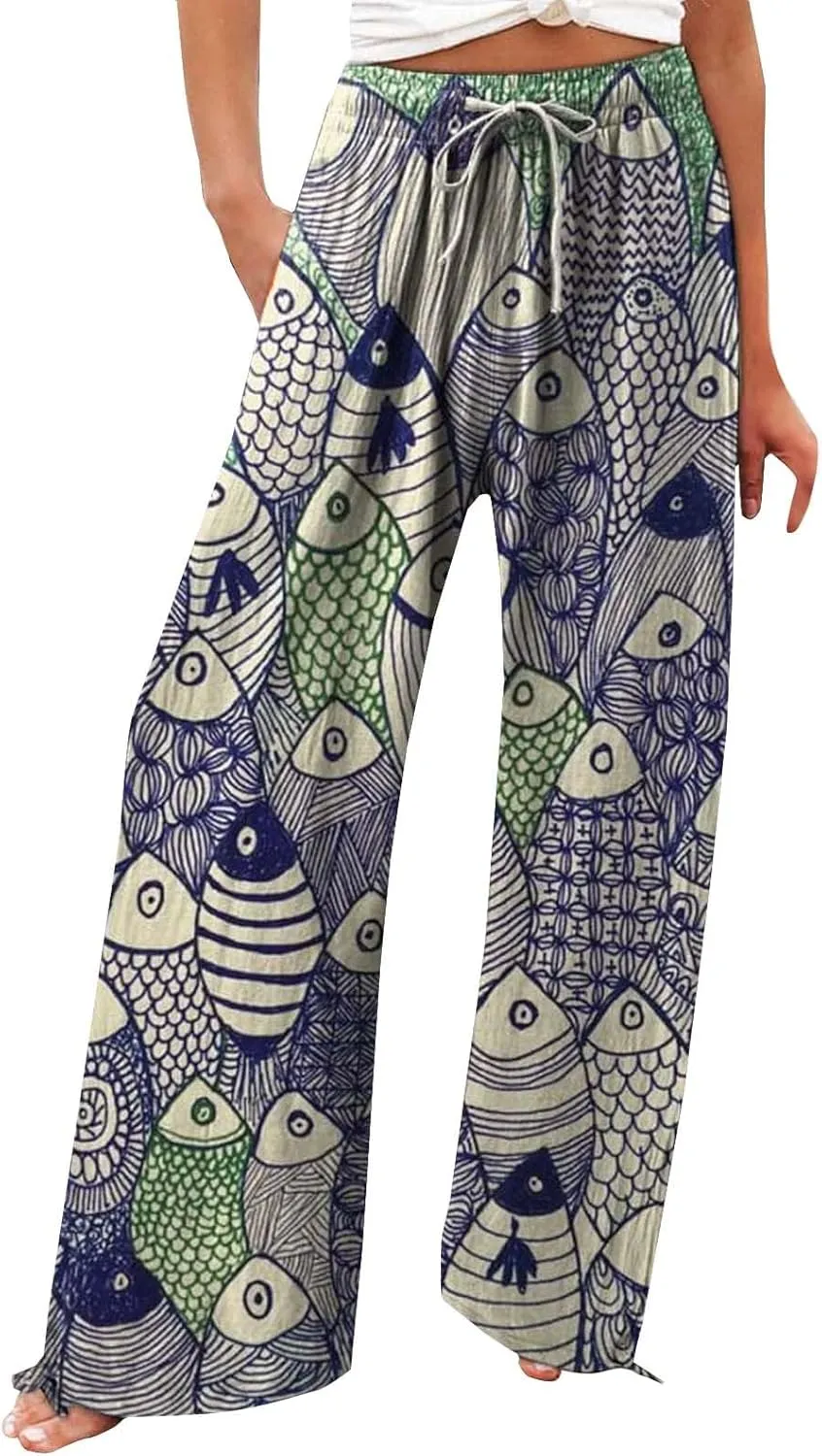 Women's Vintage Art Print Cotton and Linen Casual Pants Casual Wide Leg Trousers Womens Maternity