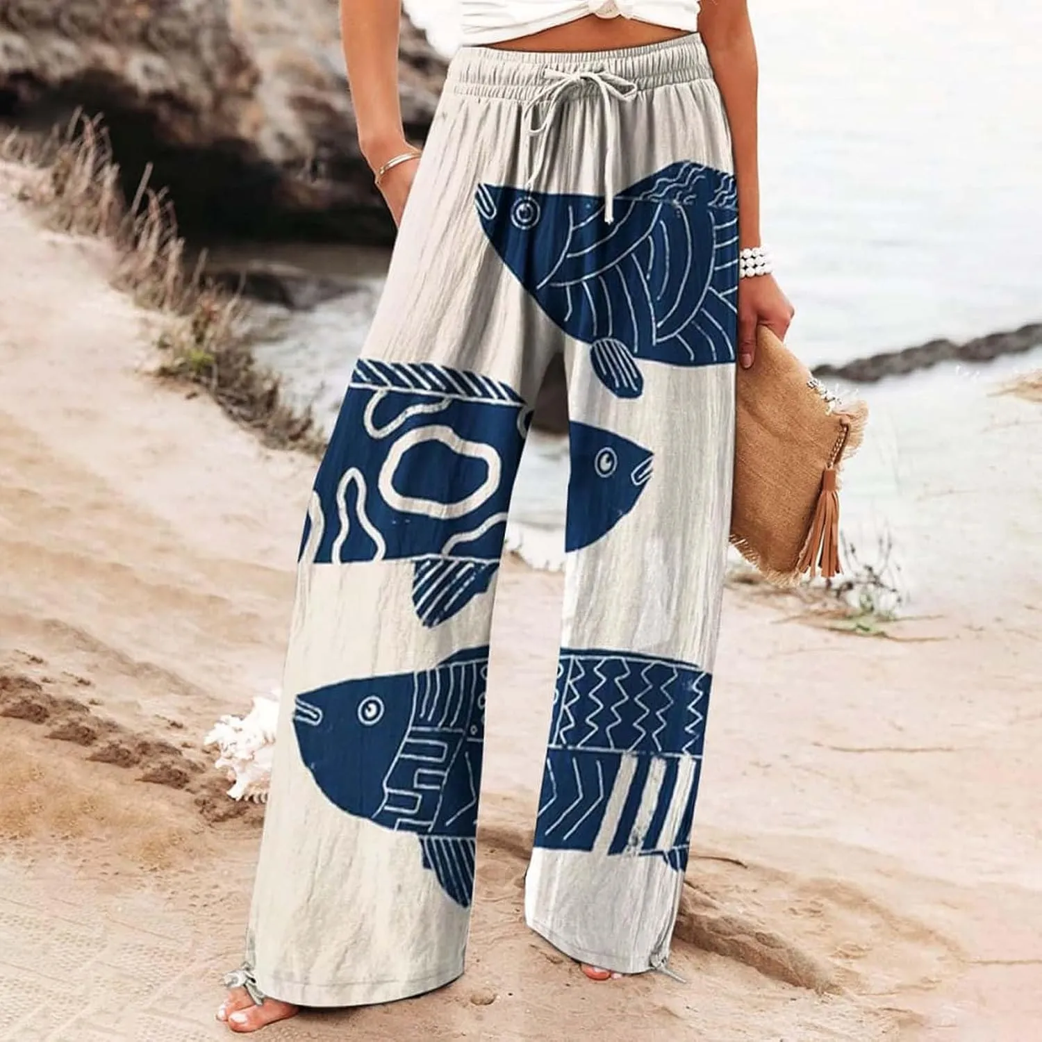 Women's Vintage Art Print Cotton and Linen Casual Pants Casual Wide Leg Trousers Womens Maternity
