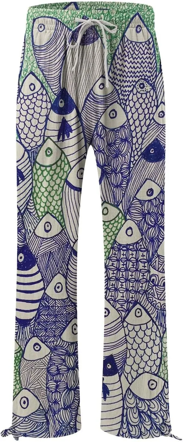 Women's Vintage Art Print Cotton and Linen Casual Pants Casual Wide Leg Trousers Womens Maternity