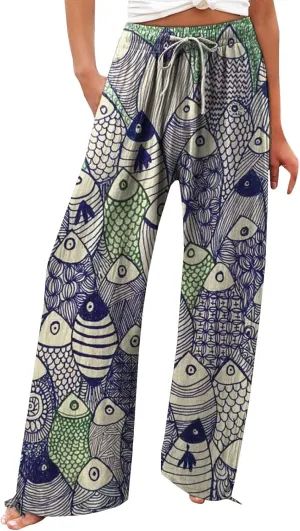 Women's Vintage Art Print Cotton and Linen Casual Pants Casual Wide Leg Trousers Womens Maternity