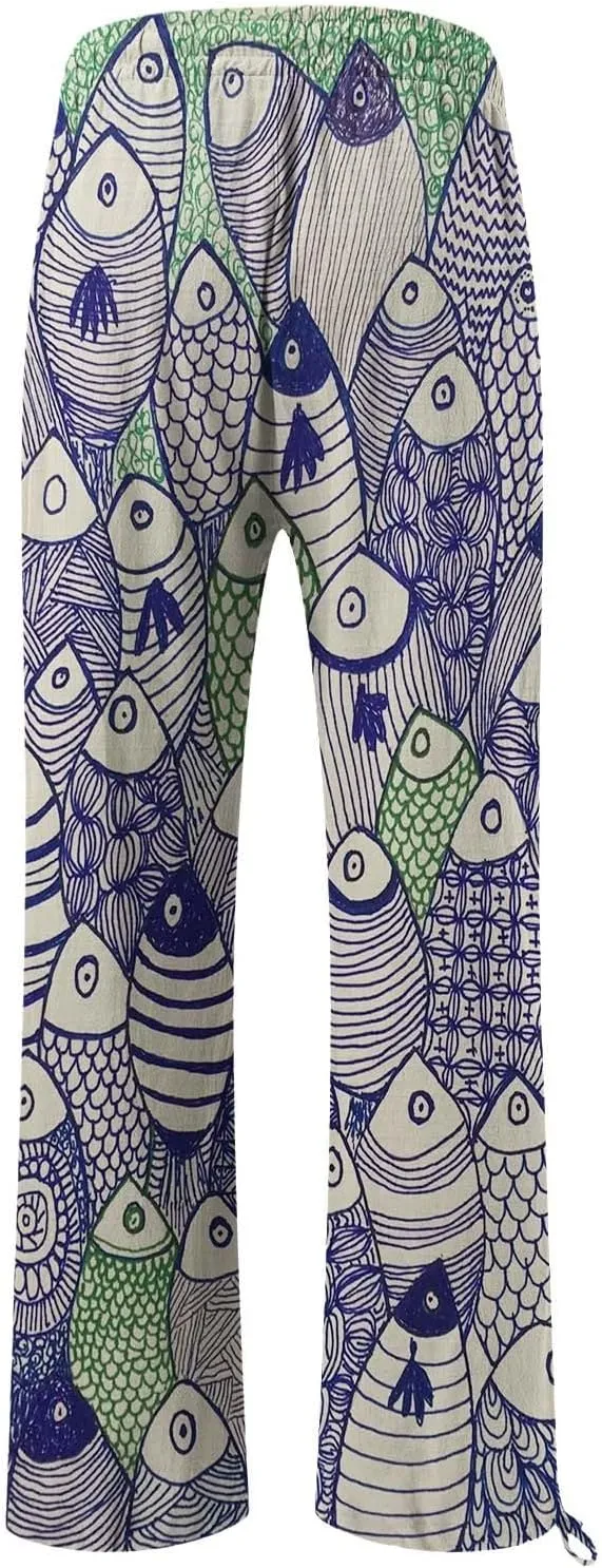 Women's Vintage Art Print Cotton and Linen Casual Pants Casual Wide Leg Trousers Womens Maternity