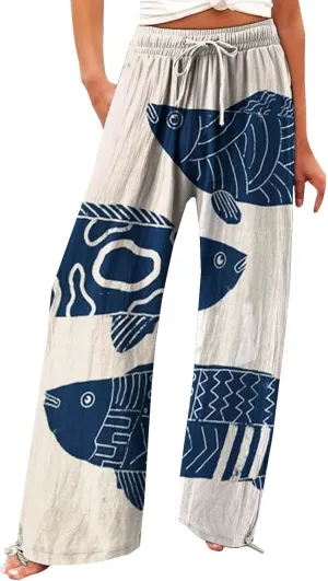 Women's Vintage Art Print Cotton and Linen Casual Pants Casual Wide Leg Trousers Womens Maternity
