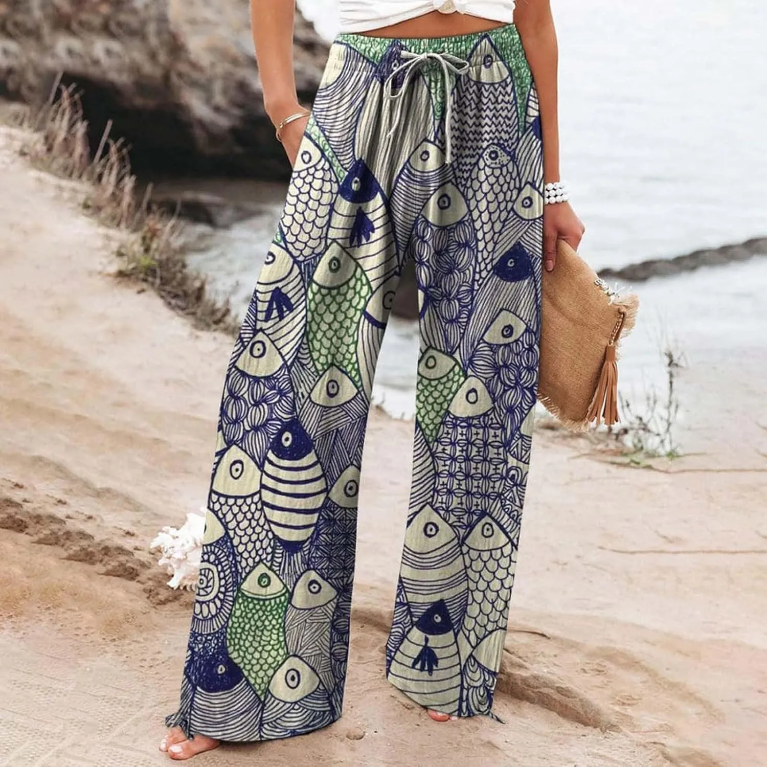 Women's Vintage Art Print Cotton and Linen Casual Pants Casual Wide Leg Trousers Womens Maternity