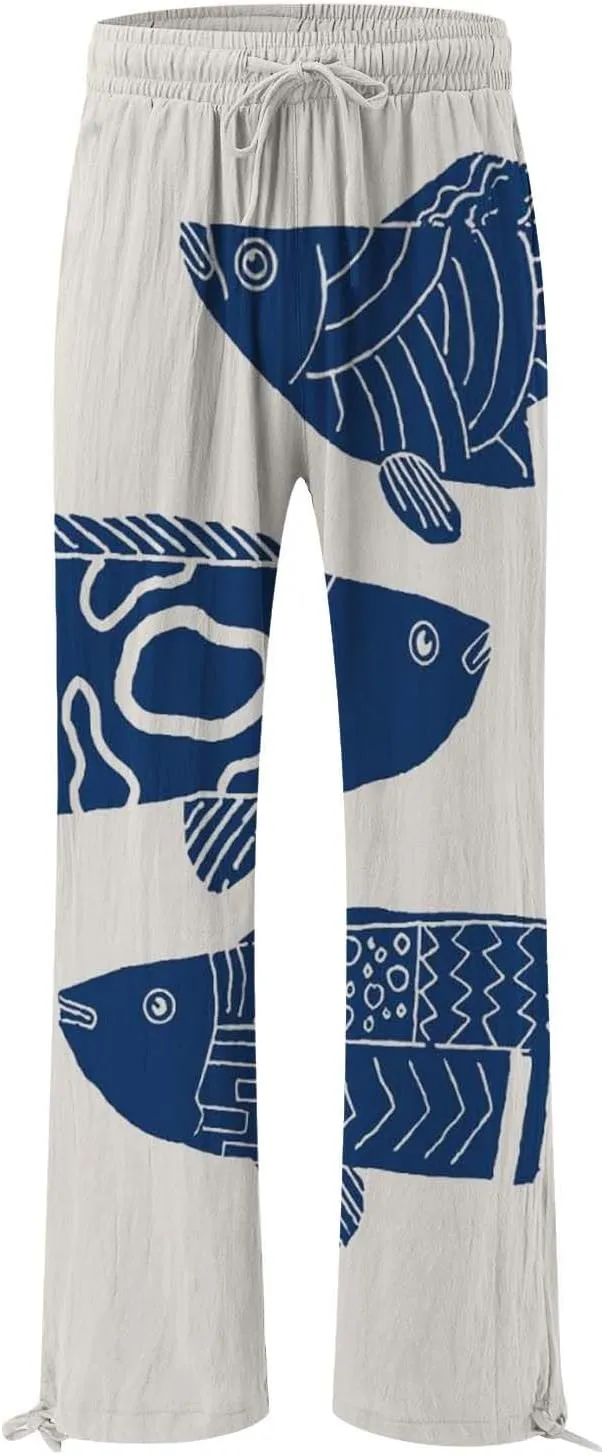 Women's Vintage Art Print Cotton and Linen Casual Pants Casual Wide Leg Trousers Womens Maternity