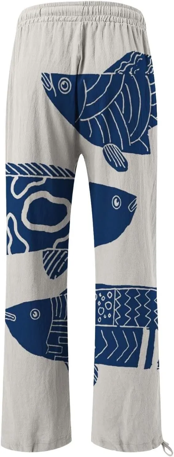 Women's Vintage Art Print Cotton and Linen Casual Pants Casual Wide Leg Trousers Womens Maternity