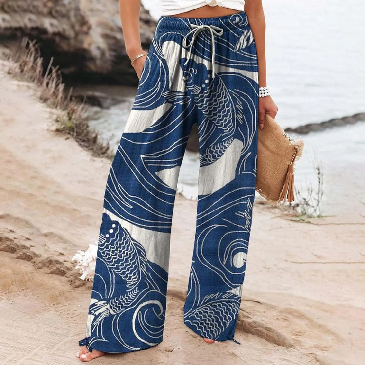 Women's Vintage Art Print Cotton and Linen Casual Pants Casual Wide Leg Trousers Womens Plus Womens