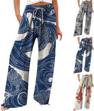 Women's Vintage Art Print Cotton and Linen Casual Pants Casual Wide Leg Trousers Womens Plus Womens