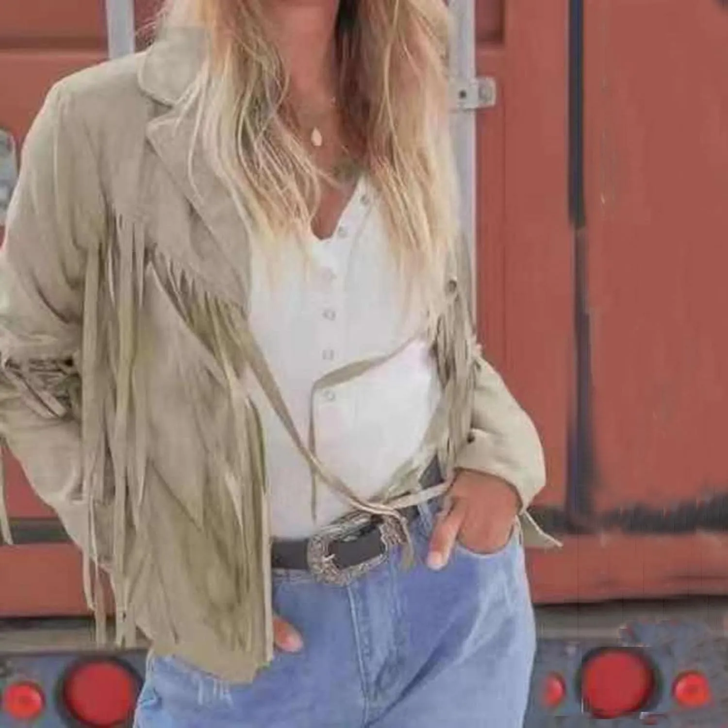 Womens Vintage Tassel Cropped Motor Biker Faux Suede Jackets Long Sleeve Hippie Boho Western Cowgirl Fringe Coat Outwear