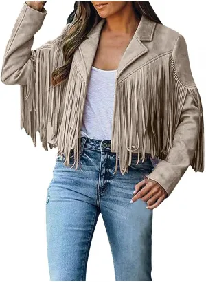 Womens Vintage Tassel Cropped Motor Biker Faux Suede Jackets Long Sleeve Hippie Boho Western Cowgirl Fringe Coat Outwear