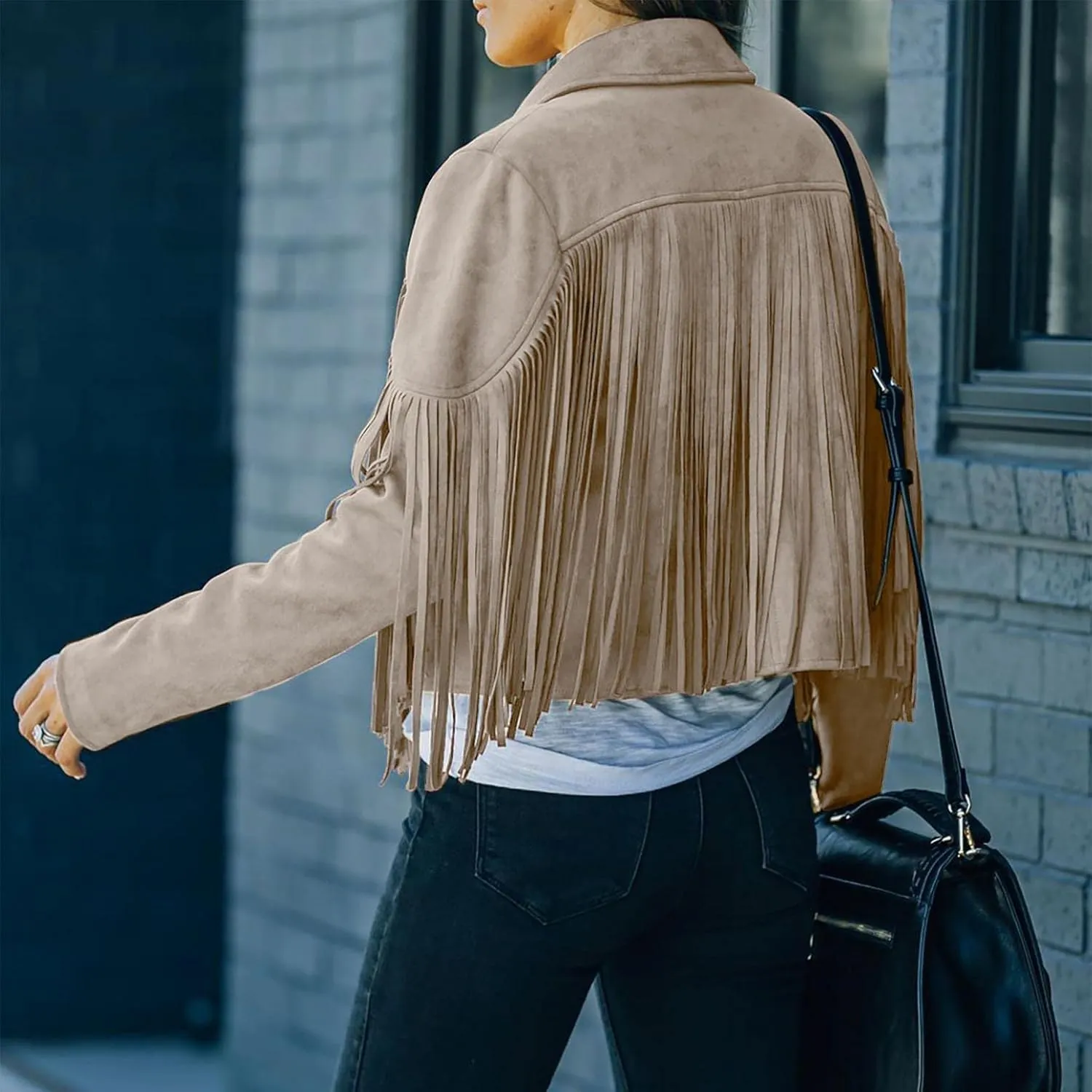 Womens Vintage Tassel Cropped Motor Biker Faux Suede Jackets Long Sleeve Hippie Boho Western Cowgirl Fringe Coat Outwear
