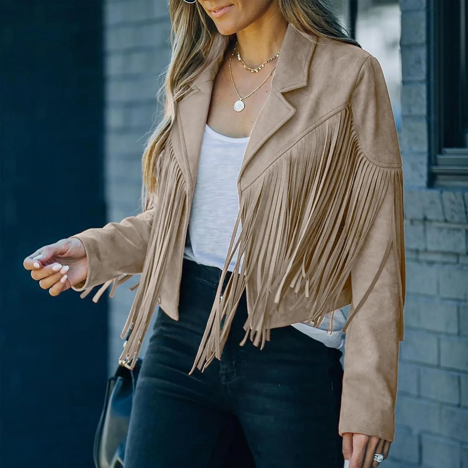Womens Vintage Tassel Cropped Motor Biker Faux Suede Jackets Long Sleeve Hippie Boho Western Cowgirl Fringe Coat Outwear