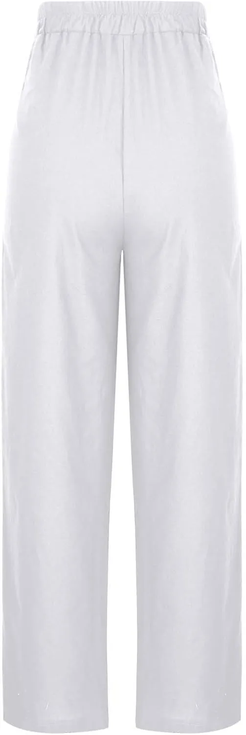 Womens Wide Leg Linen Pants Elastic Waist Casual Palazzo Pants Casual Drawstring Beach Lounge Trousers with Pockets
