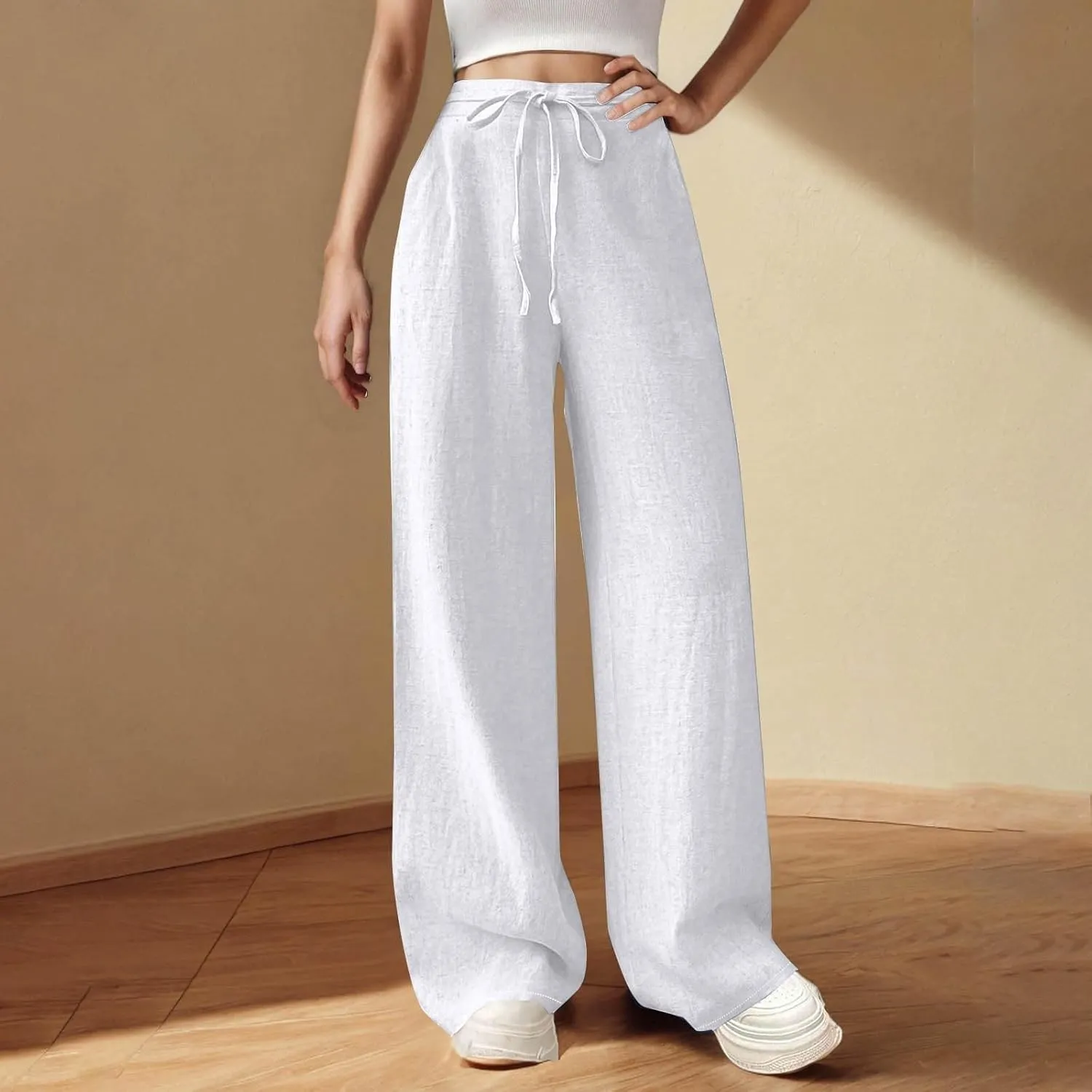 Womens Wide Leg Linen Pants Elastic Waist Casual Palazzo Pants Casual Drawstring Beach Lounge Trousers with Pockets