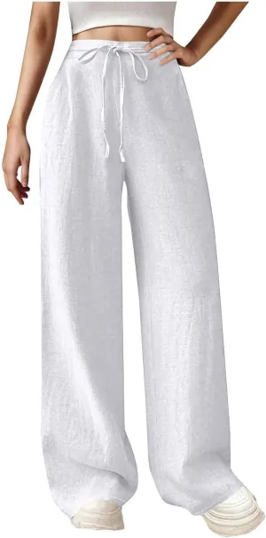 Womens Wide Leg Linen Pants Elastic Waist Casual Palazzo Pants Casual Drawstring Beach Lounge Trousers with Pockets