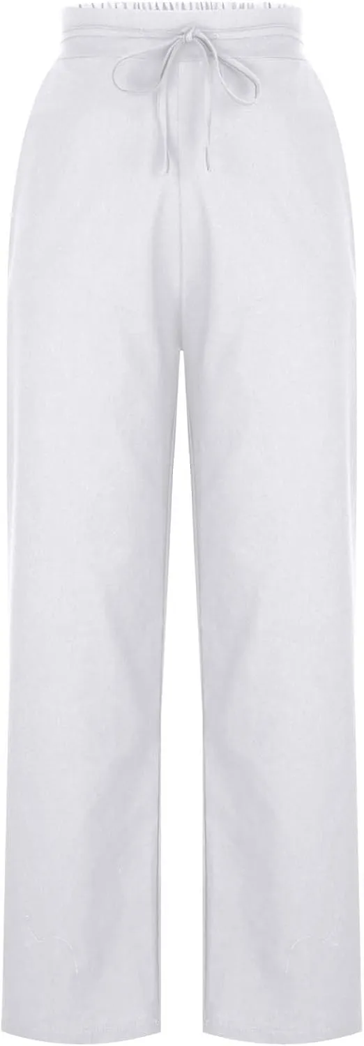 Womens Wide Leg Linen Pants Elastic Waist Casual Palazzo Pants Casual Drawstring Beach Lounge Trousers with Pockets