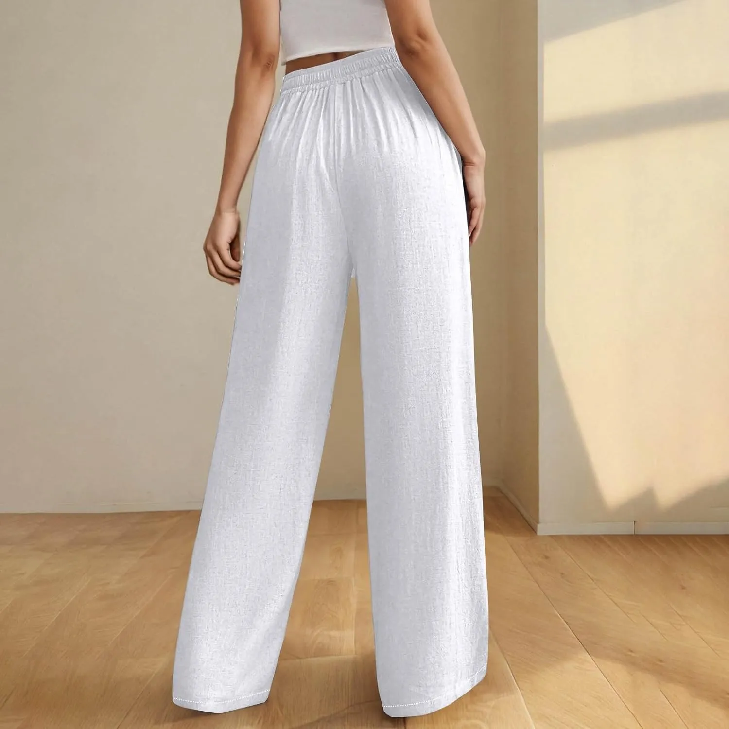 Womens Wide Leg Linen Pants Elastic Waist Casual Palazzo Pants Casual Drawstring Beach Lounge Trousers with Pockets