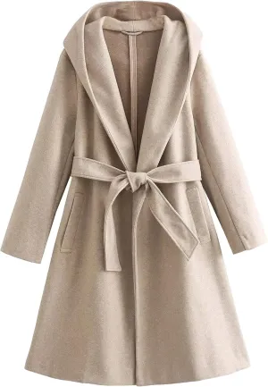 Womens Wool Blend Hooded Coats Long Sleeve Belted Trench Coat Casual Open Front Cardigan Jackets Overcoat