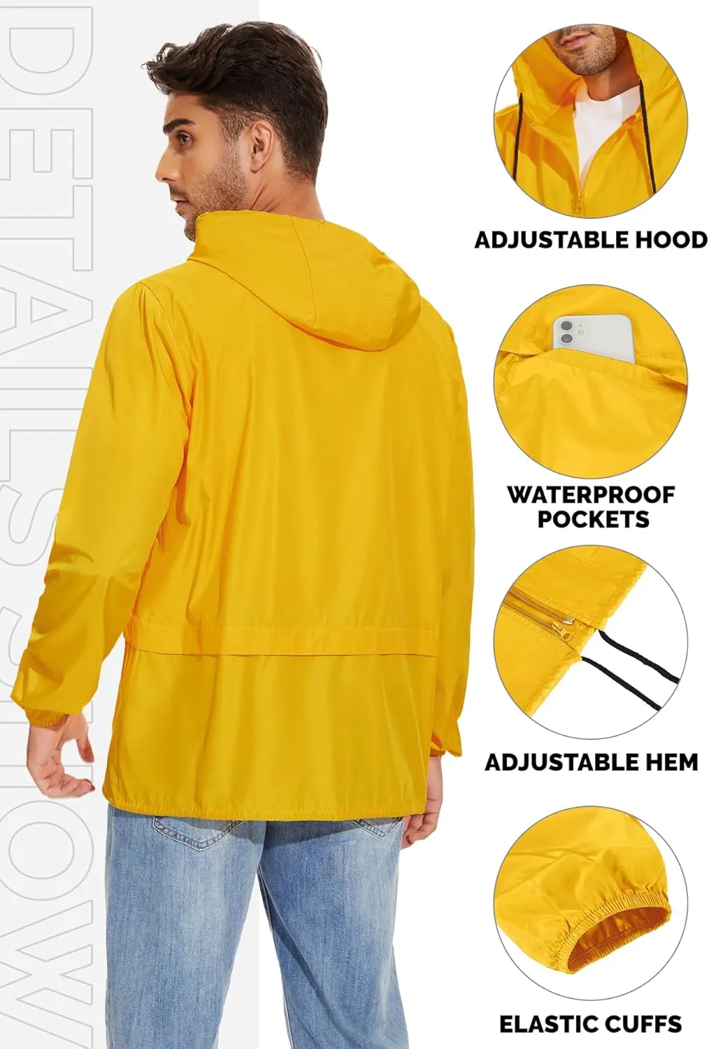 Zando Raincoat for Men Packable Rain Jacket Waterproof with Hood Outdoor Windbreaker Jackets Lightweight Cycling Raincoats